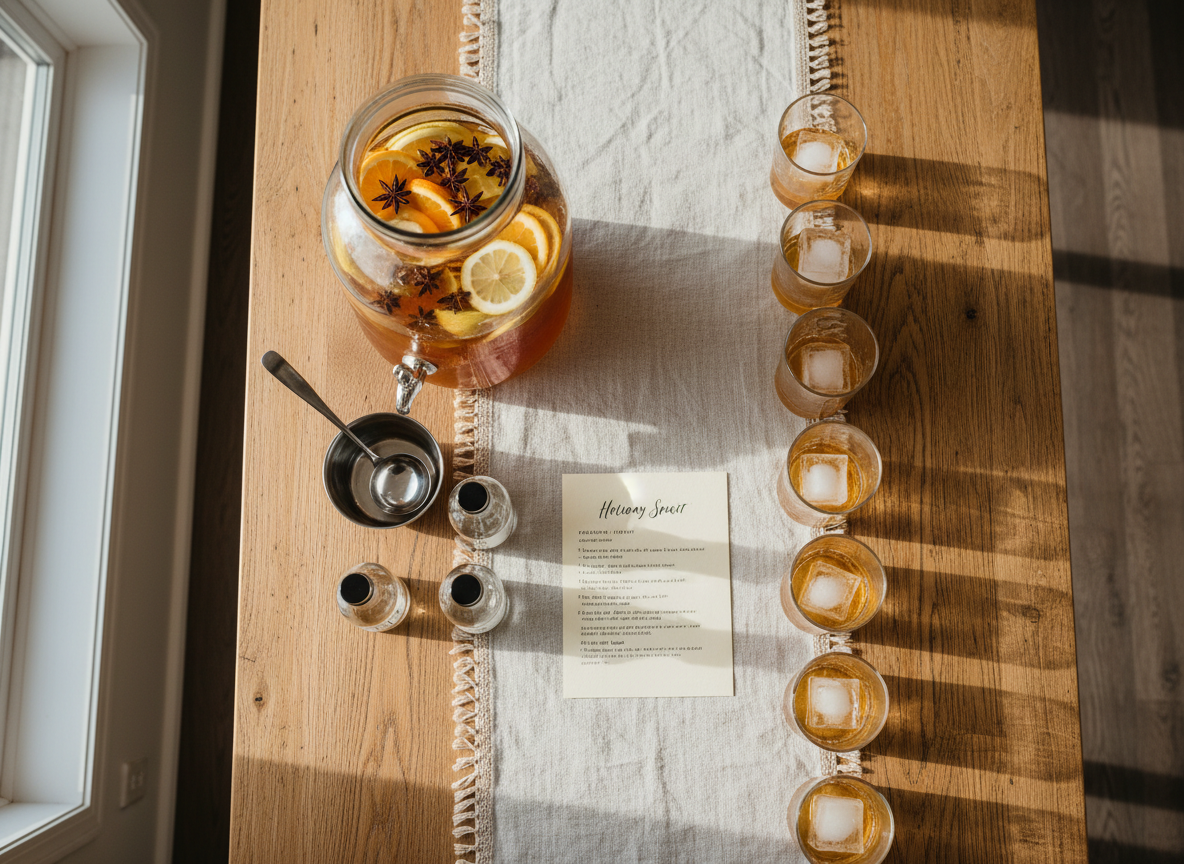 An overhead photographic view of a batching station set up on a long oak dining table, prepared for a festive home gathering. A large glass beverage dispenser filled with an amber-hued batched cocktail sits at one end, garnished with floating citrus wheels and star anise. Nearby, a row of identical chilled rocks glasses is neatly aligned on a linen runner, each glass containing a single clear ice cube. A polished stainless steel ladle, small labeled pour bottles, and a handwritten recipe card on thick ivory cardstock complete the scene. Soft, diffused afternoon light from an unseen window washes across the table, creating a calm, orderly, and anticipatory mood. Photographic realism, top-down composition, clean and modern aesthetic emphasizing ease, preparation, and conviviality.