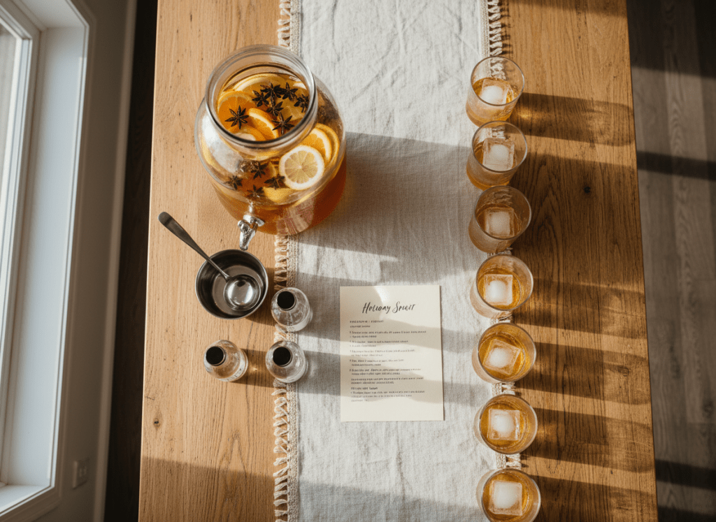 An overhead photographic view of a batching station set up on a long oak dining table, prepared for a festive home gathering. A large glass beverage dispenser filled with an amber-hued batched cocktail sits at one end, garnished with floating citrus wheels and star anise. Nearby, a row of identical chilled rocks glasses is neatly aligned on a linen runner, each glass containing a single clear ice cube. A polished stainless steel ladle, small labeled pour bottles, and a handwritten recipe card on thick ivory cardstock complete the scene. Soft, diffused afternoon light from an unseen window washes across the table, creating a calm, orderly, and anticipatory mood. Photographic realism, top-down composition, clean and modern aesthetic emphasizing ease, preparation, and conviviality.