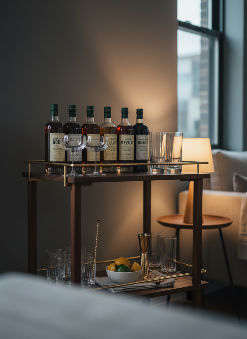 A meticulously arranged home bar cart styled for an intimate gathering, featuring gleaming cut-crystal coupes, heavy-bottomed rocks glasses, and slim highball glasses grouped with deliberate symmetry. Dark glass bottles of artisanal spirits and syrups stand on a walnut shelf, each with elegant, minimal labels in cream and deep green. A polished brass jigger and mixing spoon rest beside a small bowl of fresh citrus. The cart is positioned against a matte charcoal wall in a softly lit living room. Warm, indirect evening light and a single shaded table lamp create golden reflections on glass and metal. Photographic realism, eye-level composition with shallow depth of field, conveying a sophisticated, calm, and inviting atmosphere ideal for convivial home entertaining.