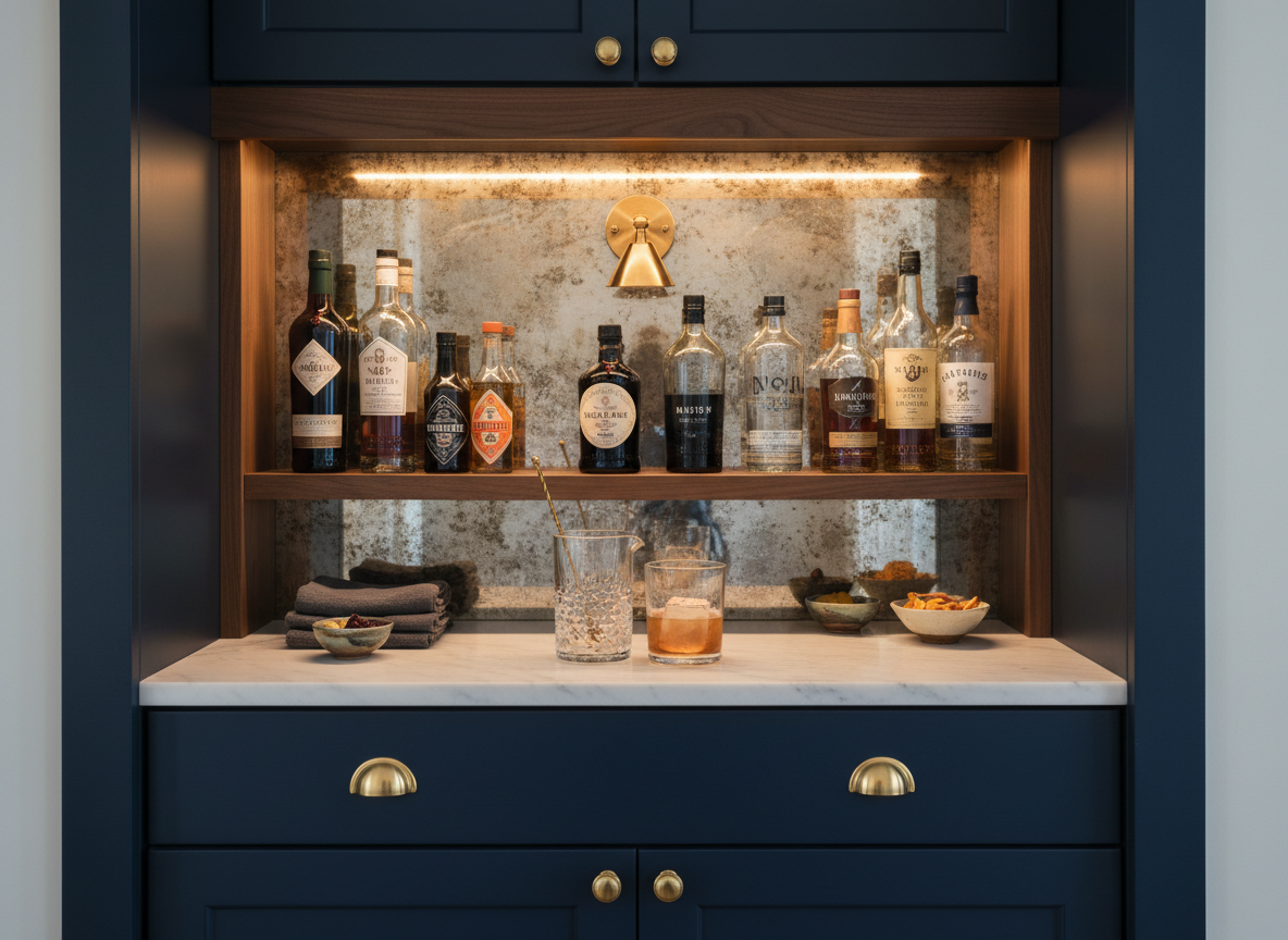 A refined home bar nook built into a recessed alcove, featuring dark navy cabinetry with brass hardware, open walnut shelves, and an antique mirrored backsplash subtly patinated with age. On the counter, a heavyweight crystal mixing glass with a long-handled bar spoon rests beside a matching rocks glass filled with a perfectly stirred amber cocktail over a single clear cube. Bottles of vermouth, bitters, and premium spirits are carefully grouped on the shelves, along with neatly folded linen bar towels and small ceramic bowls of garnishes. Warm under-cabinet LED lighting and a petite brass sconce cast a soft, flattering glow, creating layered reflections in the mirror. Photographic realism, eye-level composition, moody yet welcoming atmosphere that suggests quiet sophistication and the pleasure of crafting drinks at home.