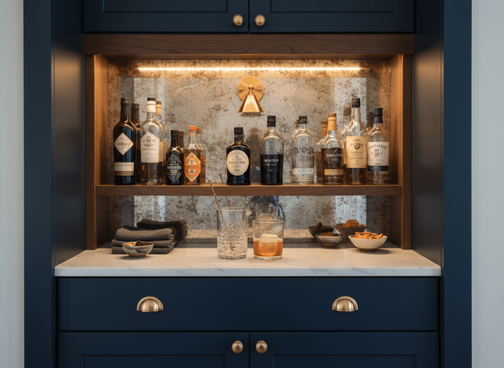 A refined home bar nook built into a recessed alcove, featuring dark navy cabinetry with brass hardware, open walnut shelves, and an antique mirrored backsplash subtly patinated with age. On the counter, a heavyweight crystal mixing glass with a long-handled bar spoon rests beside a matching rocks glass filled with a perfectly stirred amber cocktail over a single clear cube. Bottles of vermouth, bitters, and premium spirits are carefully grouped on the shelves, along with neatly folded linen bar towels and small ceramic bowls of garnishes. Warm under-cabinet LED lighting and a petite brass sconce cast a soft, flattering glow, creating layered reflections in the mirror. Photographic realism, eye-level composition, moody yet welcoming atmosphere that suggests quiet sophistication and the pleasure of crafting drinks at home.