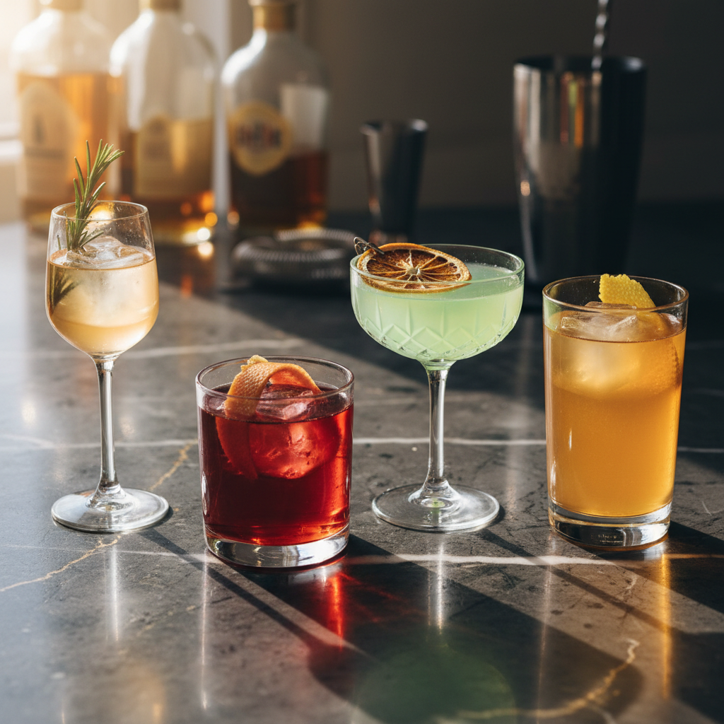 A close-up photographic scene of three signature cocktails and one jewel-toned mocktail arranged on a veined dark marble countertop, each in a distinct, refined glass: a Nick and Nora, a stemless tumbler, a cut-crystal coupe, and a tall Collins. Garnishes include a single oversized clear ice cube, a grapefruit twist, a sprig of fresh rosemary, and a dehydrated orange wheel clipped to the rim. Behind them, blurred bottles and bar tools suggest a curated home bar. Soft golden hour light from a nearby window glows through the liquids, casting colored reflections and gentle shadows. Shot from a slightly elevated angle with a cinematic, sophisticated mood, emphasizing texture, clarity, and the quiet luxury of well-crafted drinks shared in good company.